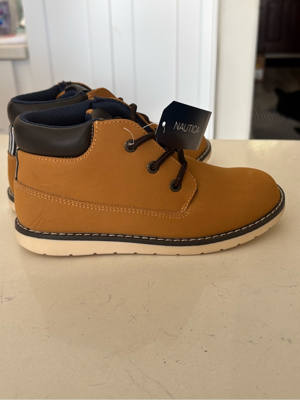 Nautica Kids Wheat/Tan Lace-Up Ankle Boots with Navy Collar